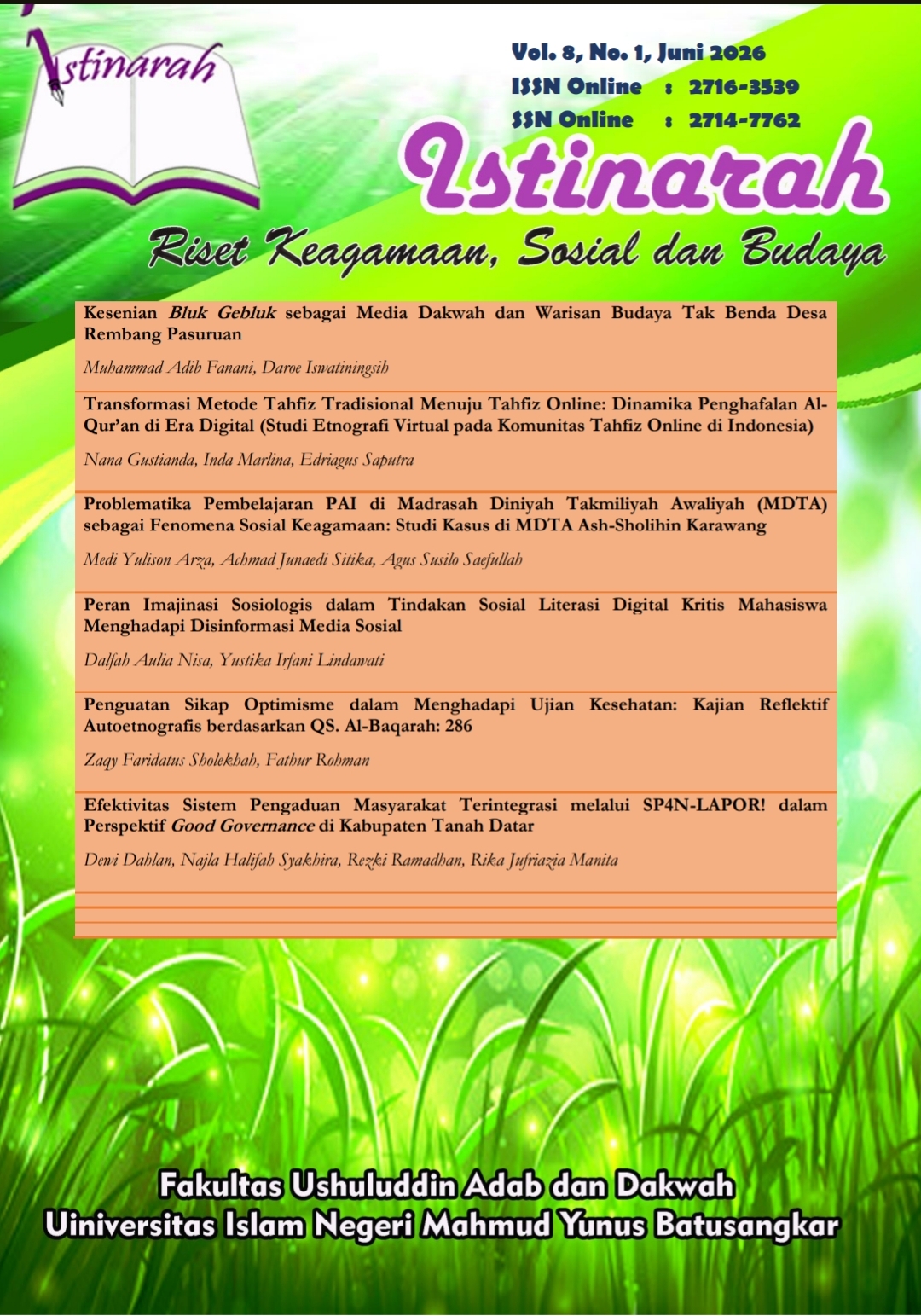 					View Vol. 8 No. 1 (2026): Istinarah: Riset Keagamaan, Sosial dan Budaya
				